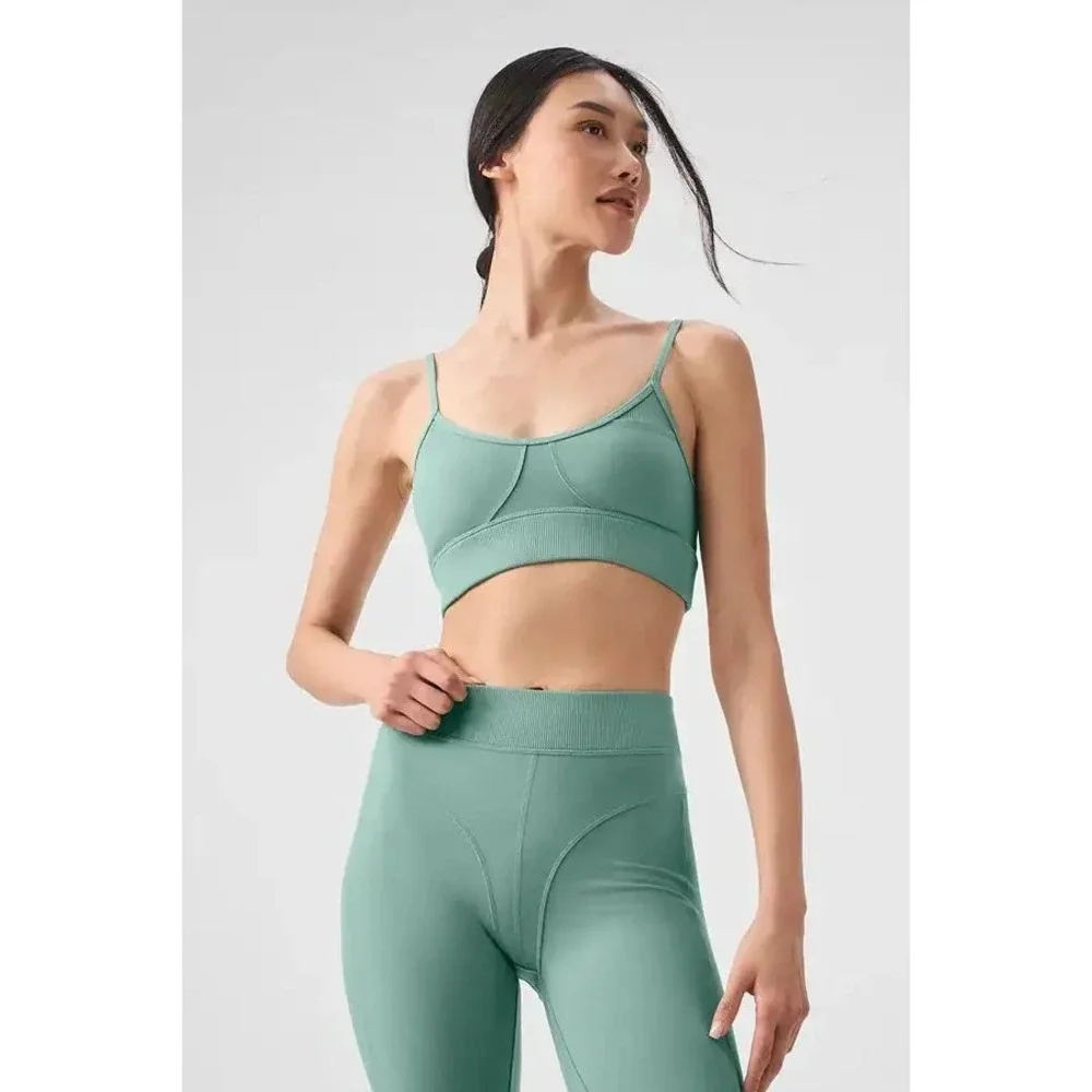 Alo Yoga Ribbed Bralette Sports Bra Adjustable Straps Sage Green Women's S